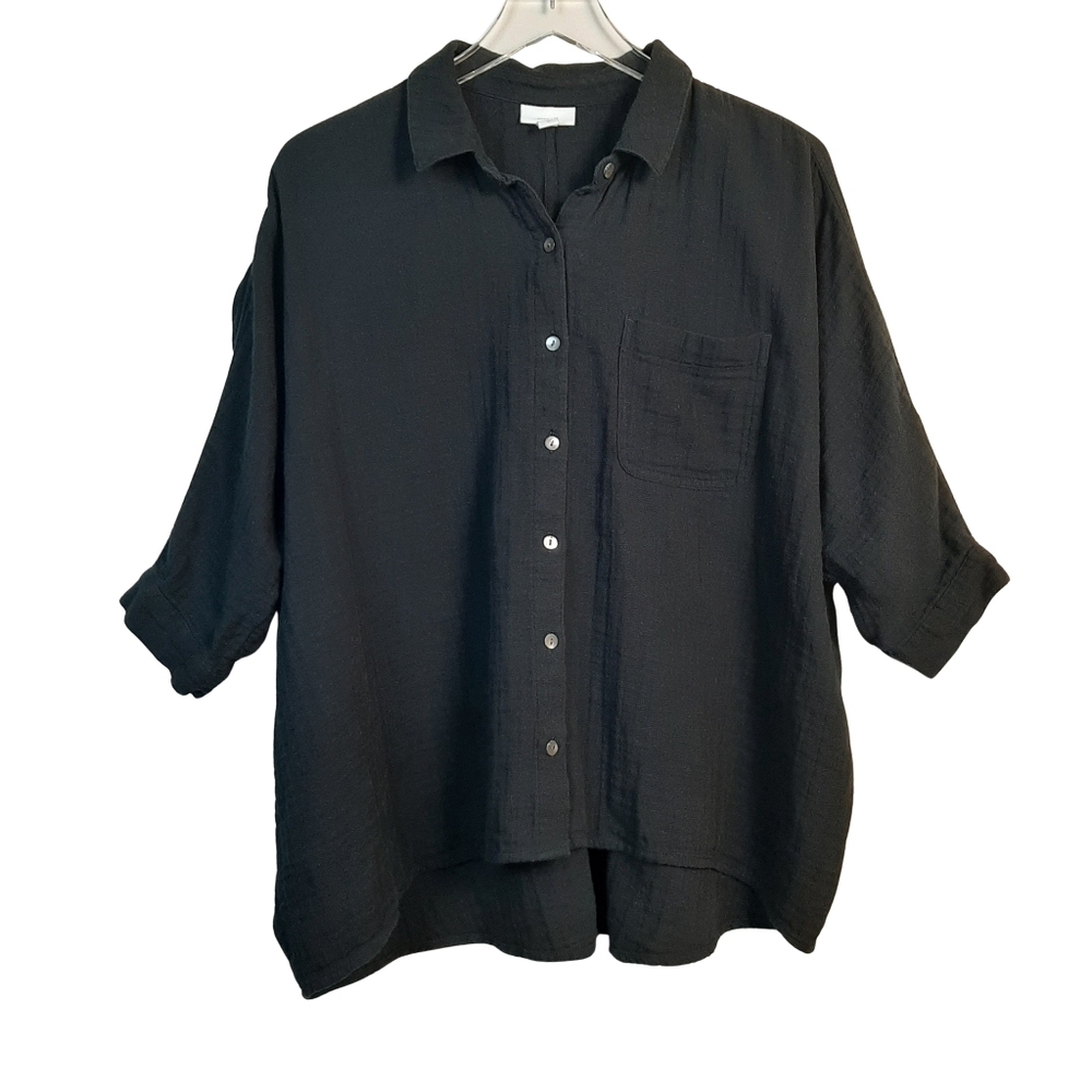 J. Jill 100% Cotton Oversized Button Front Shirt Black Size Medium